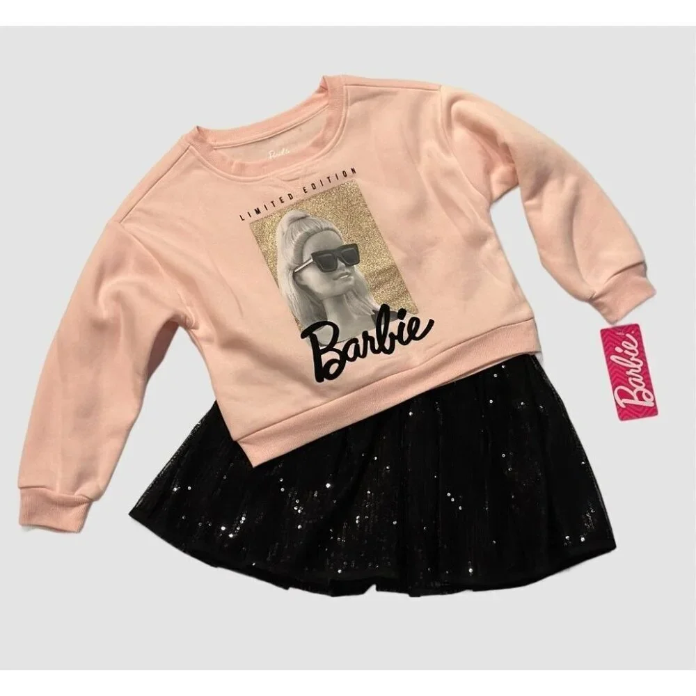 Barbie Girls Size 4/5 2PC Outfit NWT Pink Cozy Sweatshirt Black Tutu Skirt